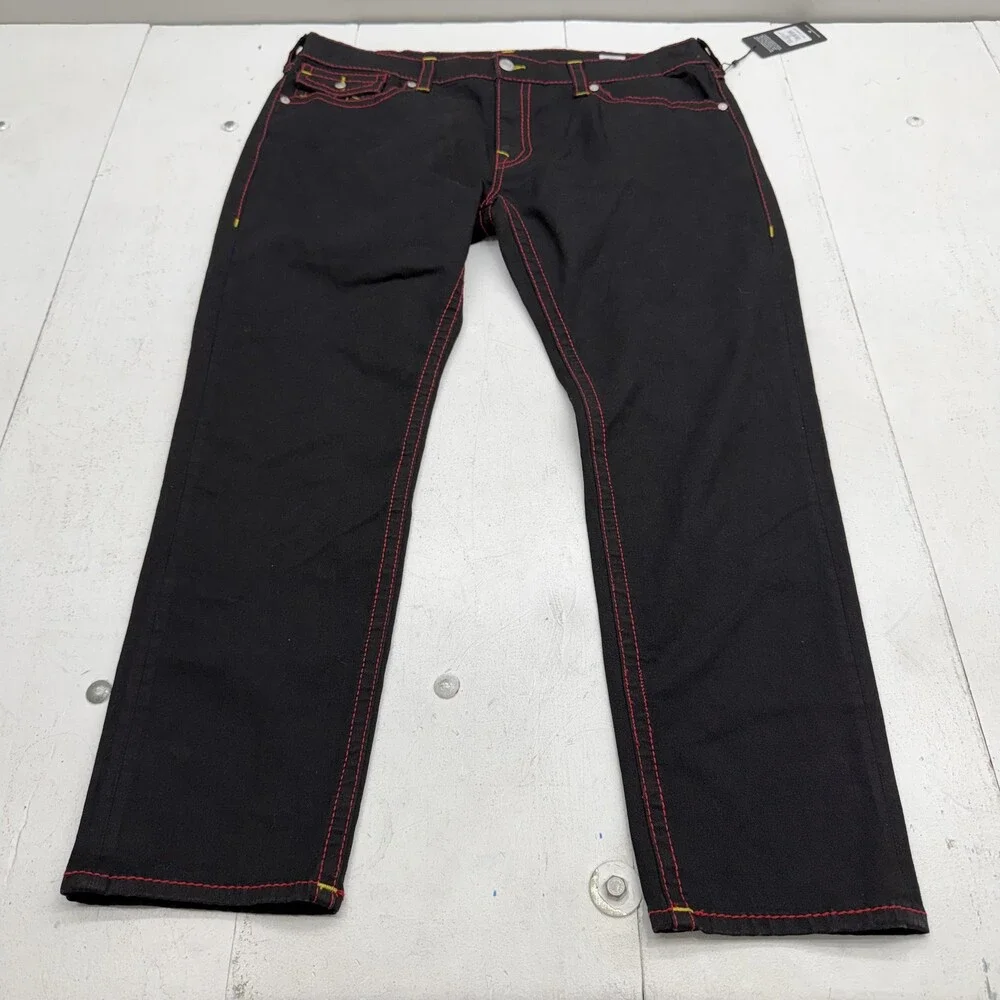 True Religion Geno Big T Flap Jeans Mens 42x32 Black Rinse Slim Denim Pants